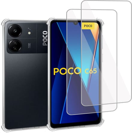 Geschikt voor Poco C65 - Hoesje + 2x Screenprotector – Gehard Glas Cover + Shock Proof Case – Transparant