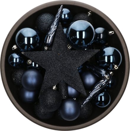Bellatio Decorations kunststof kerstballen set - donkerblauw - 33x stuks - ster piek - glanzend mat glitter