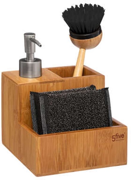 5Five Zeeppompje met keuken aanrecht organizer - lichtbruin - 3 compartimenten - bamboe - 13 x 12 x 20 cm
