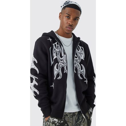 Oversized Zip Through Limited Graphic Hoodie | Black | Size Medium