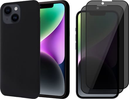 Hoesje geschikt voor iPhone 14 Plus - 2x Privacy Screen Protector FullGuard - Back Cover Case SoftTouch Zwart & Screenprotector