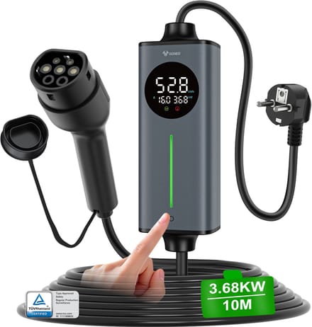 GONEO Draagbare EV-lader Type 2 Schuko Stekker voor EV/PHEV, Timer Snelladen Slimme Temperatuurregeling, Dubbele FI-bescherming, Automatische Aardingsdetectie