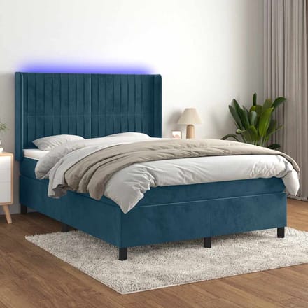 vidaXL - Boxspring - met - matras - en - LED - fluweel - donkerblauw - 140x190 - cm