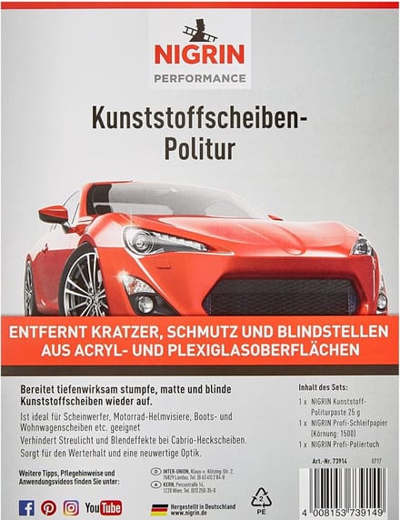 Nigrin Kunststof-Polijstset Ruitenpolish Acryl Plexiglas Cabrio Auto