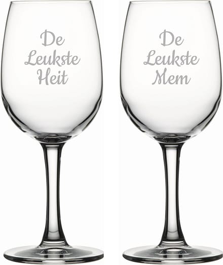Gegraveerde witte wijnglas 26cl De Leukste Mem-De Leukste Heit