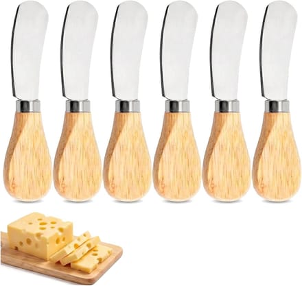 6-delige Kaasmes Set – Spreadermessen met Eiken Houten Handvat – RVS Botermes voor Kaas, Boter & Jam – 12,5 c
