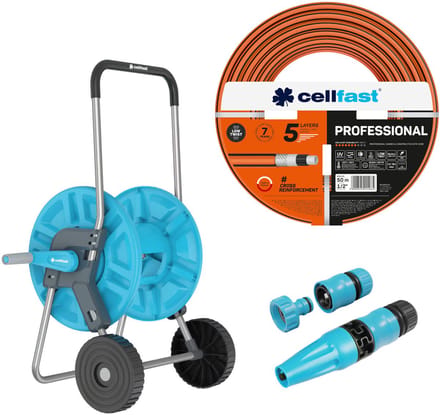 Cellfast Aluplus-slangwagen 1/2" 60 m + Cellfast-tuinslang, PROFESSIONAL 1/2" 50 m + Set met Cellfast Basic-sproeier 1/2"