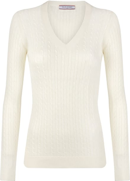 Felix Hardy Kabelgebreide Trui Met V-Hals - 100% Katoen Dames Ecru - M