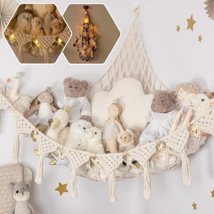 Groot Opbergnet voor Speelgoed - Macramé Hangmat met LED-Licht, Boho Speelgoedorganizer voor Kinderen
