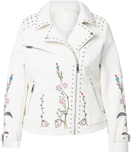 MIAMODA - Dames - Bikerjas leren look borduursels en sierstuds - Off-white - Maat 48