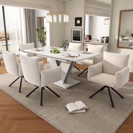 FloraGrace Eethoek 120/160 x 80 cm - Uitschuifbare Eettafel Met 6 Draaistoelen - Voor Eetkamer - MDF En Fluweel - Wit