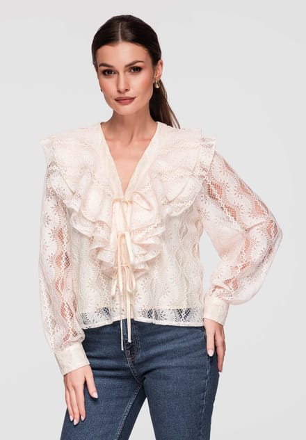 OMBRE Blouse - Loose Fit - Lange Mouw - Veters Beige M