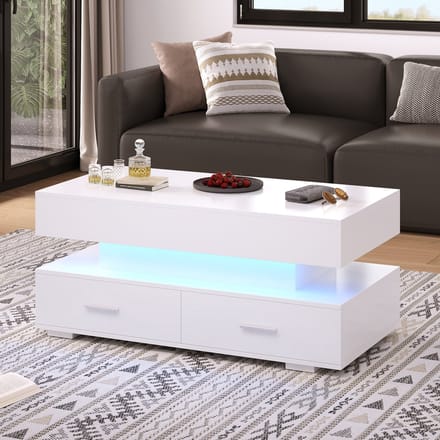 100x50x44 cm hydraulisch verstelbare salontafel met LED-verlichting - Bluetooth-app bediening - 2 laden en open opbergruimte - wit