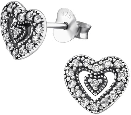 Joy|S - Zilveren hartjes oorbellen - 8 mm - zirkonia - geoxideerd