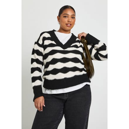 boohoo Dames V-hals gestreepte oversized gebreide trui | Black | Maat: 20