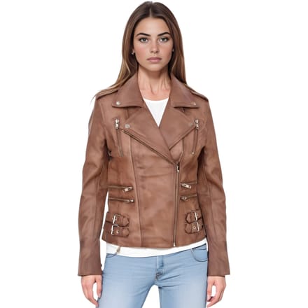 Dames leren bruinbruine Brando bikerjack - Constantia