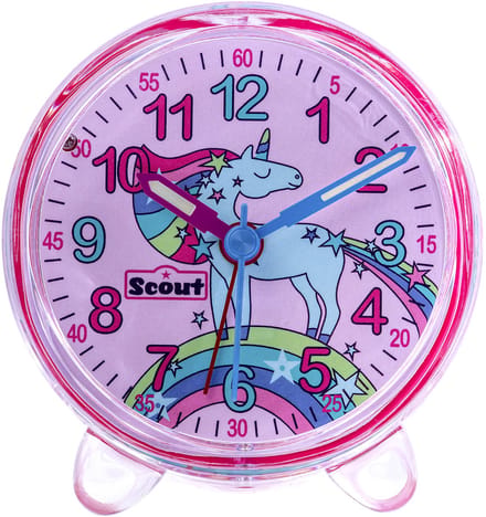 Scout Wecker analog mit pinkem Gehäuse Serie "Unicorn" mit Lernziffernblatt und Einhorn-Motiv