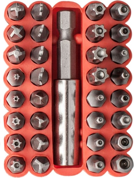 BITSET - 33 DELIG - VEILIGHEIDS / SECURITY BITS - TORX / INBUS / SNAKE EYE / TRI-WING - IN HANDIGE VERPAKKING