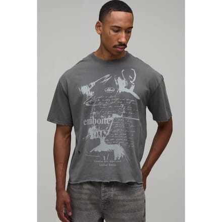 Oversized Boxy Distressed Grunge Print Vintage Washed T-shirt | Washed Charcoal | Size Small