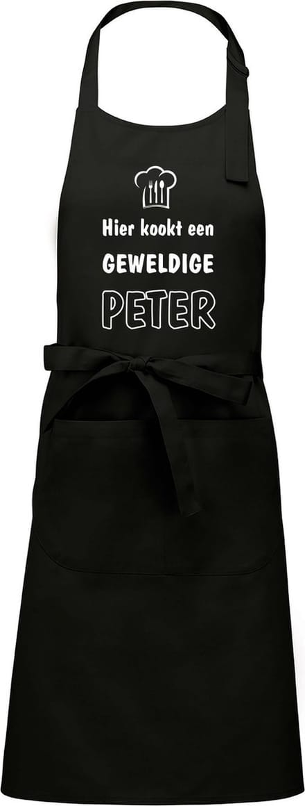 mijncadeautje - luxe schort - hier kookt een geweldige peter - zwart - opdruk wit