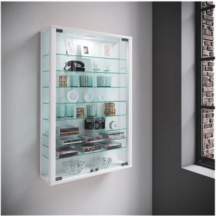 Vitrosa Mini wandkast, met LED verlichting, 8 legplanken, 2 draaideuren, B 590 x D 180 x H 910 mm, glas & hout, wit