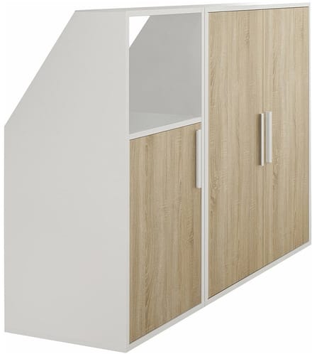 Vente-unique Kast voor onder schuin dak 3 deuren en 1 opbergvak - Wit en houteffect - ADEZIO
