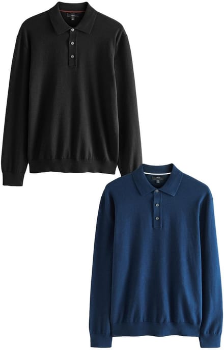 Next - Heren - Gebreide poloshirts met lange mouwen 2 -pack - Blauw