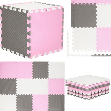 Springos Speelmat | Speelmat Foam | Puzzelmat | 12 puzzelstukken | 118 x 90 cm | Roze/Grijs/Wit