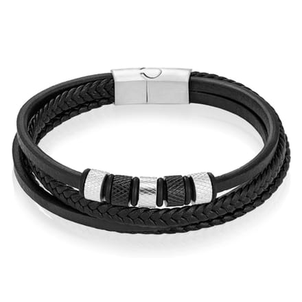 Leren Multi armband Mendes RVS kralen Zwart Zilverkleurig-22cm