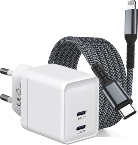 Snellader geschikt voor iPhone - Oplader geschikt voor iPad - 2 Meter - Usb C Adapter - 35w - Dynamische Snellader - Usb C Power Adapter - Dubbele usb C Oplader