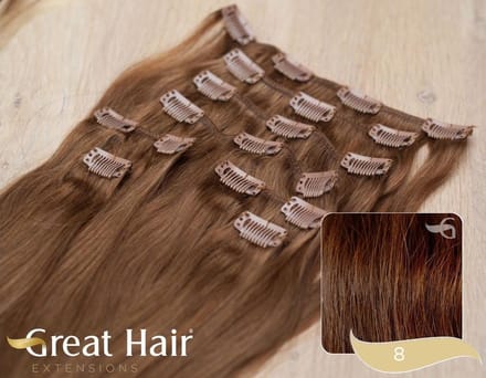 Clip In haarextensions set - 40cm - lichte slag - #8 - bruin