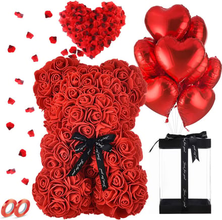 RX Goods® Rode Rozen Beer in Luxe Geschenkdoos met Liefdes Ballonnen & Rozenblaadjes