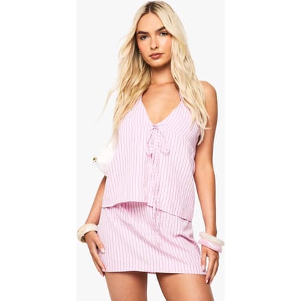 boohoo Dames Haltertop met textuur en strepen | Pastel Pink | Maat: 10