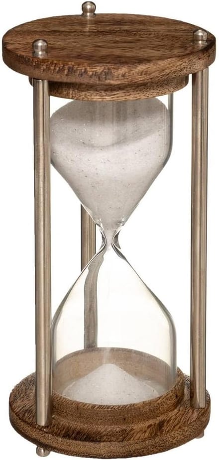 Decoratieve Zandloper van Metaal en Glas, Hoogte 15 cm