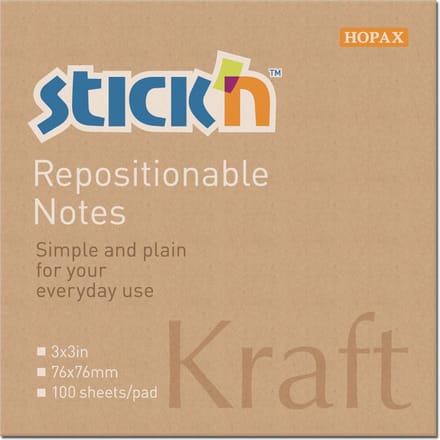 Stick'n sticky notes - memoblok - 76x76mm - kraft papier - 100 memoblaadjes