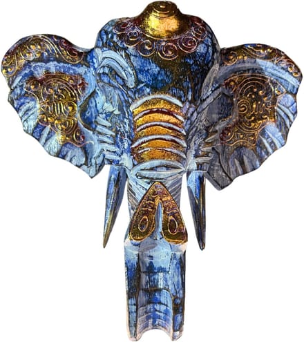 Balinees Olifanten Hoofd - Blauw - 25cm - Muurdecoratie