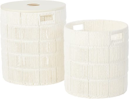 J-Line mand + deksel Rond - ijzer/papier - wit - set van 2