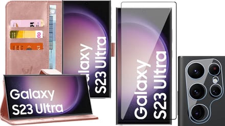 Hoesje geschikt voor Samsung Galaxy S23 Ultra - Screenprotector FullGuard & Camera Lens Screen Protector - Book Case Kunstleer Pasjeshouder Roségoud