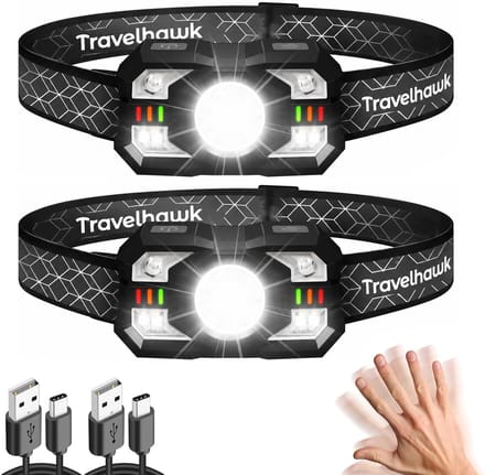 Travelhawk Hoofdlamp Oplaadbaar - 2000 Lumen - 2 Stuks - Wit & Rood Licht - Koplamp - Hardloop Verlichting - Zwart