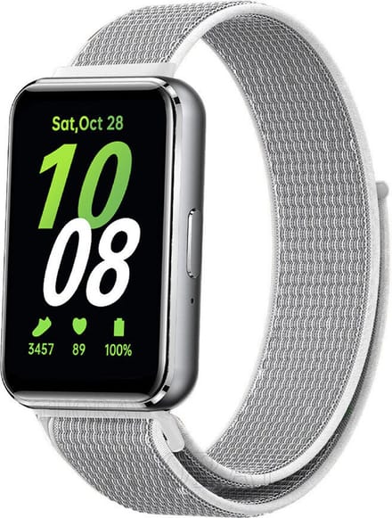 Strap-it Smartwatch nylon bandje met klittenbandsluiting - geschikt voor Samsung Galaxy Fit 3 (wit-grijs)
