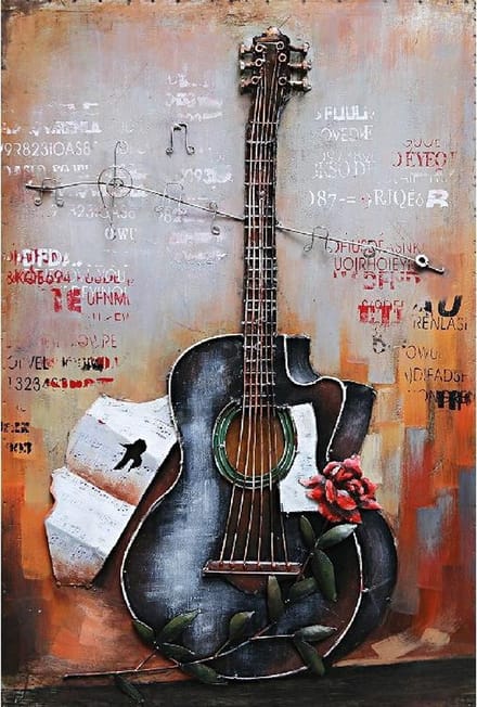 3D Metaalschilderij -Gitaar - 90x60 cm - wanddecoratie