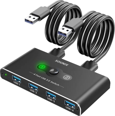 Sounix USB 3.0 Switch - KVM-Switch - 2 PC's delen 4 x USB 3.0 poorten - Aluminum - USB 3.0 Switch 4 USB Apparaten aansluiten op 2 Computers/Laptops KVM Switch - Zwart