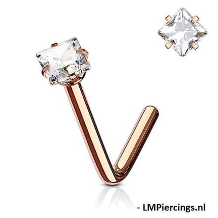 Neuspiercing L-Bend vierkant CZ steen 0.8x6x2.5 - rose - LMPiercings