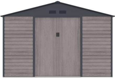 Vente-unique Tuinhuisje van gegalvaniseerd staal met grijs houteffect 13,12 m² - ADELMO