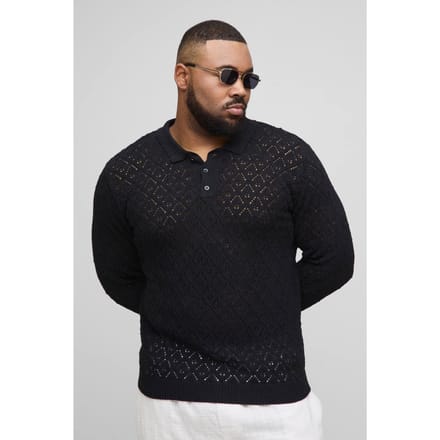 Plus oversized gehaakte poloshirt met lange mouwen | Black | Size 2XL