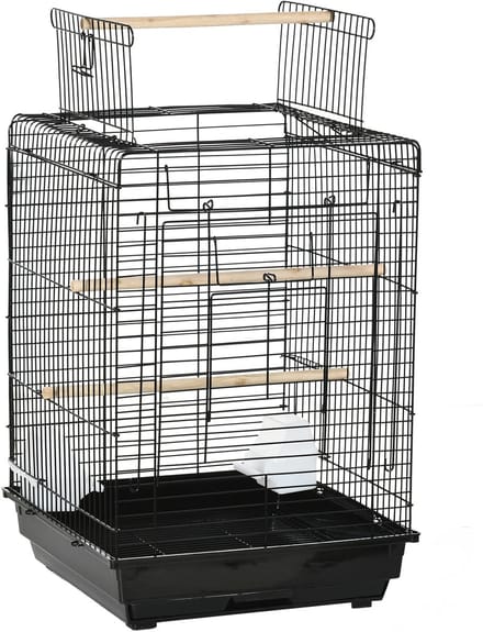 PawHut metalen vogelkooi met voerbakken, uitneembare lade, handvat, dim. 40L x 40l x 59H cm zwart