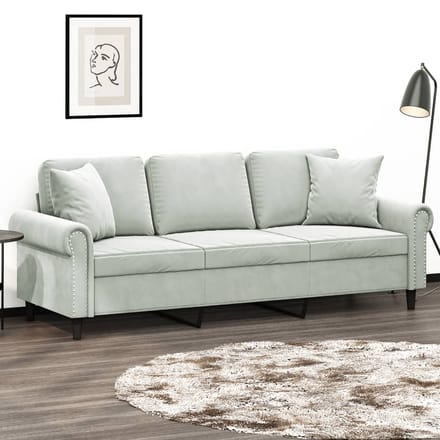 vidaXL - Driezitsbank - met - sierkussens - 180 - cm - fluweel - lichtgrijs