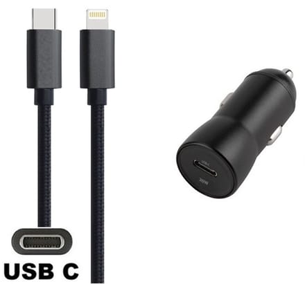 OneOne auto snellader + 2,0m OneOne USB C naar Lightning kabel. 20W lader. Universele autolader adapter past op Apple iPhone SE 2, iPhone 13, 13 Mini, iPhone 13 Pro, 13 Pro Max, iPhone 14, iPhone 14 Plus, iPhone 14 Pro, iPhone 14 Pro Max