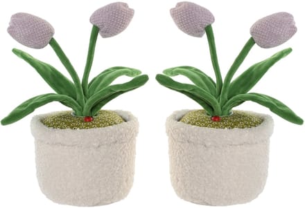 ITEM Deurstopper tulpen in pot - 2x - paars - polyester - 14 x 14 x 30 cm - tegen klapperende deuren
