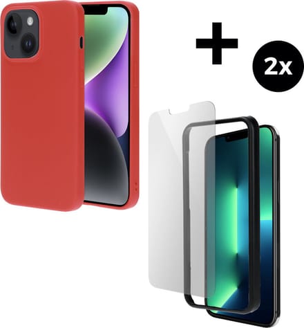 Mobiparts Silicone Cover hoesje geschikt voor Apple iPhone 14 Plus met 2 Screenprotectors van Gehard Glas - Rood